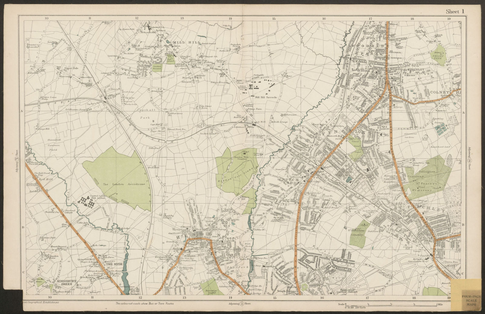 FINCHLEY/HENDON Mill Hill Colindale Colney Hatch Fortis Green. BACON  1919 map